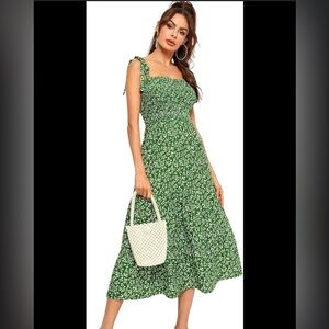 Green smocked maxi dress with shoulder ties